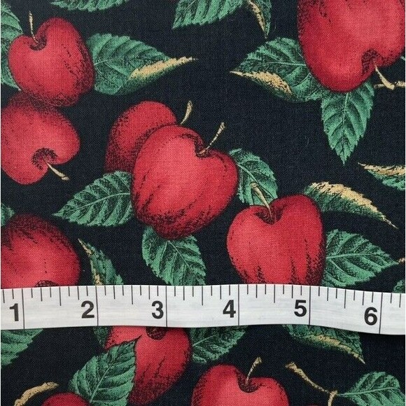 Vintage Red Apple Fabric Leaves Fruit on Black Fall Fabric Cotton Remnant 3/4yd - Picture 2 of 2
